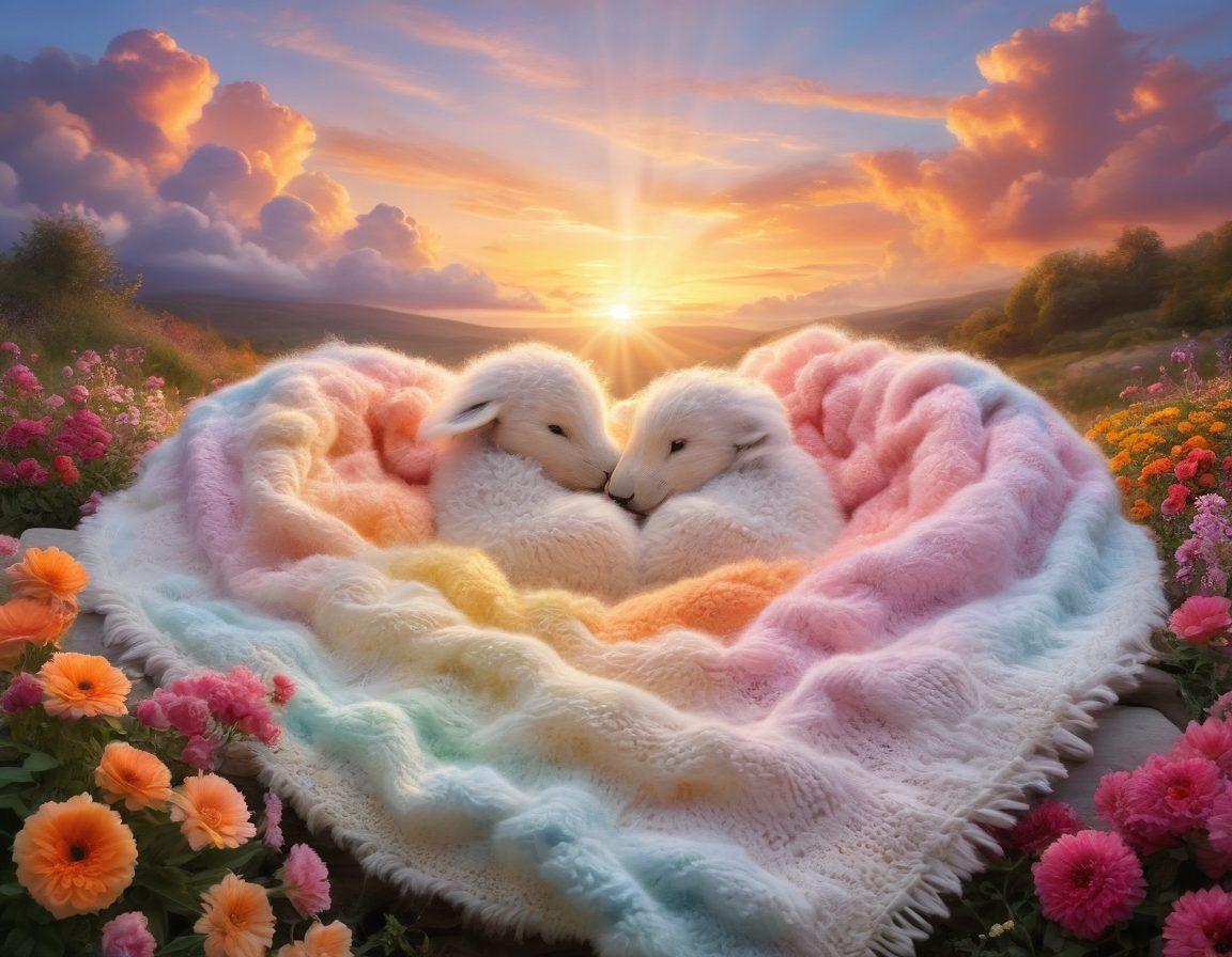 A heart-shaped arrangement of fluffy clouds with soft pastel colors, surrounded by vibrant flowers that emit a warm glow. In the foreground, a cozy couple embraces, wrapped in a knitted blanket, radiating love and warmth. The background features a dreamy sunset with rays of light breaking through the clouds, enhancing the ethereal atmosphere. whimsical. soft colors. super-realistic.