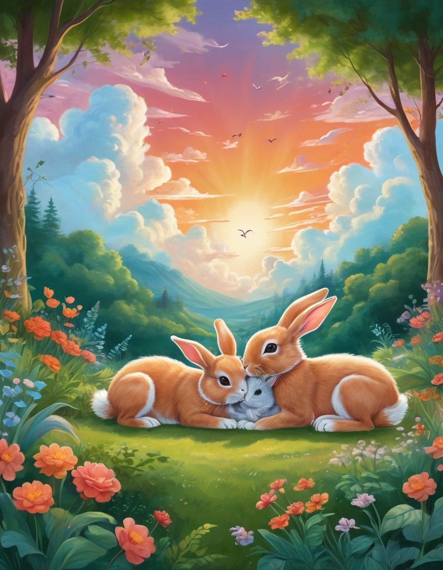 A whimsical scene depicting a couple cuddling amidst a backdrop of lush greenery, with fluffy animals like rabbits and puppies playfully surrounding them. The colors should be warm and inviting, emphasizing the softness of love and nature. Include heart-shaped clouds in the sky to symbolize affection. vibrant colors. illustration. tranquil and romantic atmosphere.