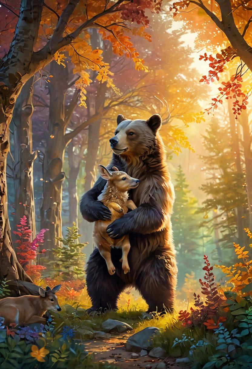 A whimsical forest scene where a playful bear cuddles with a gentle deer under a canopy of warm, colorful foliage. The sun sets in the background, casting a golden glow on their cozy connection. Soft hearts float around them, symbolizing love and warmth amidst the wild. Capturing the essence of nature's romance, with vibrant colors that evoke a sense of magic and tenderness. super-realistic. vibrant colors. dreamy atmosphere.